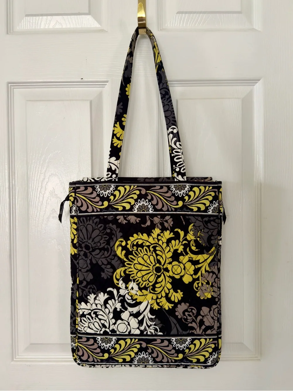 Vera Bradley Baroque Laptop Travel Tote with Yellow, Cream & Gray Floral Pattern